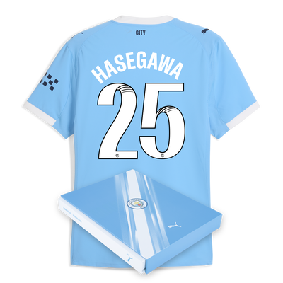 Manchester City Home Authentic Jersey 2025/26 With HASEGAWA 25 Printing in Gift Box